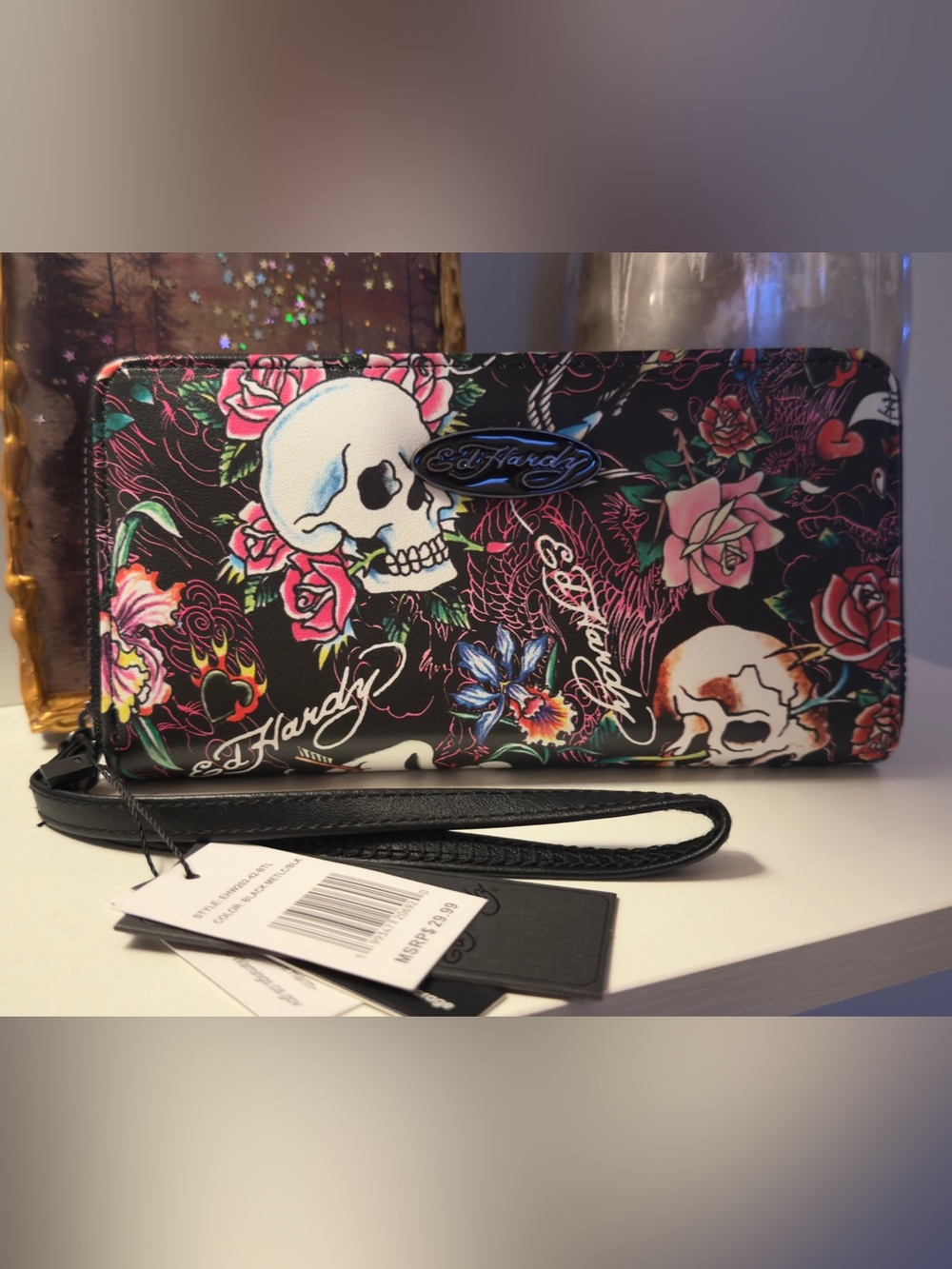 Ed Hardy Black Skull & Floral Wristlet Wallet